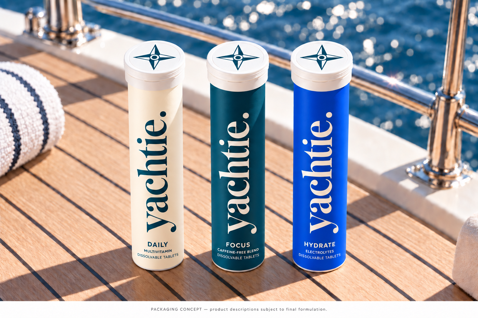 Yachtie Daily in cream, Focus in deep teal and Hydrate in blue, with white compass lids on a yacht deck